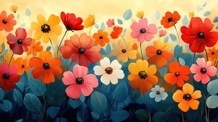 Poster - abstractof growth and creativity with vibrant flowers and leaves symbolizing blossoming environment.illustration