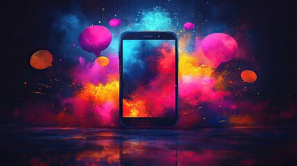 Poster - abstractof social interaction and messaging featuring smartphone and speech bubbles with vibrant shapes.image