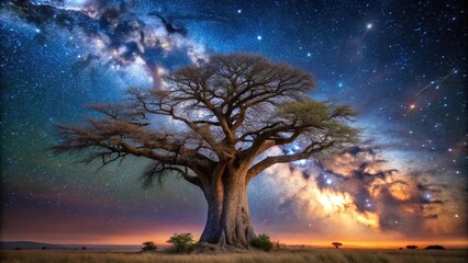 African Baobab tree against starlit Milky Way night sky