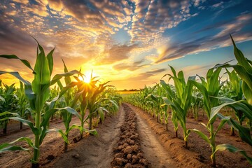 Agricultural field of maize or corn at sunset with sunshine