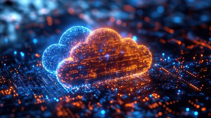 Poster - abstract image of clouds and digital elements representing cloud migration and dat transfer.image