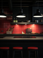 Modern bold restaurant kitchen | Black red white interior