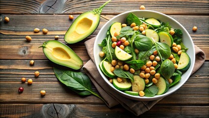 Wall Mural - A vibrant green salad with fresh, vibrant green leaves, creamy avocado, and crunchy chickpeas, artfully arranged on a rustic wooden surface.