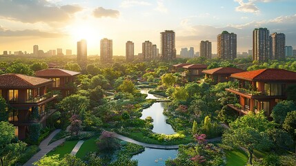 Poster - aerial view of sustainable green cityscape showcasing lush urban jungle areas parks and gardens interspersed among residential houses promoting eco friendly living and biodiversity.illustration