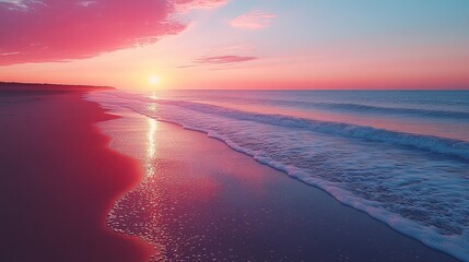 Poster - aesthetic and beautiful minimalism beach scene featuring serene shoreline with stunning blue and pink color gradient sky evoking sense of tranquility and peacefulness.image