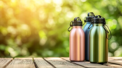 Hydration in style, two water bottles on a wooden table against green background