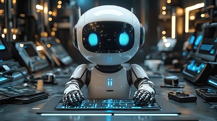 Poster - ai assistant robot surrounded by tech gadgets symbolizing advanced technology and innovation in artificial intelligence.stock image