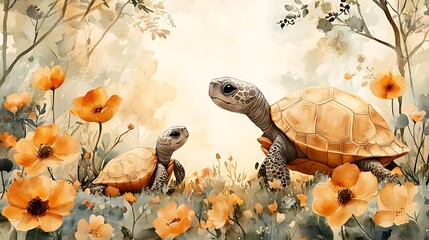 Wall Mural - Two turtles walk through a field of orange flowers in a watercolor style.