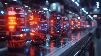 Poster - ai in healthcare systems enhances treatment accuracy and speed depicted by pill bottles and digital dat overlays.stock image