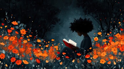 Poster - an abstractof immersive reading and imagination person reads amidst stylized trees and flowers symbolizing the growth of ideas and creativity.image