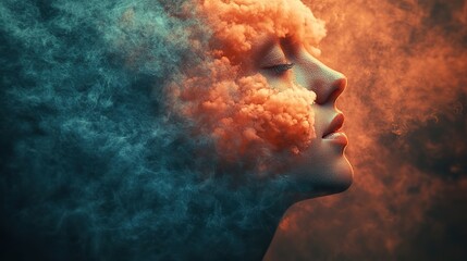 Poster - an abstract representation of brain fog depicting human head silhouette with clouded or obscured brain symbolizing difficulty in thinking concentration and mental clarity.stock image