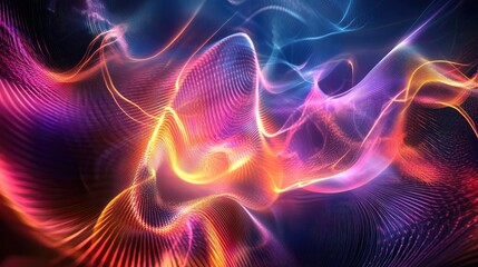 Poster - Composition of vibrant sine waves light and fractal elements designed as a backdrop for projects related to sound equalization music visualization and quantum probability concepts