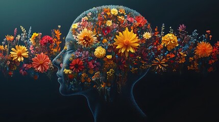 Wall Mural - an artistic representation of mental wellbeing featuring human head silhouette with vibrant assortment of floral patterns and elements symbolizing flourishing healthy brain