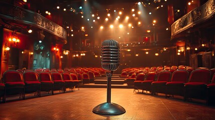Poster - an empty stage with single microphone stand at the center spotlight shining down in front of rows of empty seats in dimly lit auditorium awaiting performance