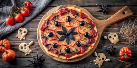 A festive pizza with a web design and black flower in the center, surrounded by Halloween-themed treats and decorations