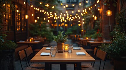 Poster - an empty tabletop set in charming restaurant or home backyard garden adorned with strings of light bulbs the scene offers blank copy space for text perfect for various creative uses.stock image