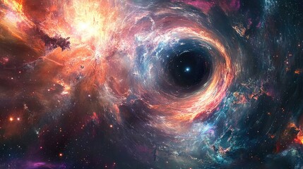 Poster - Radiation emitted from a black hole in the center of a galaxy depicted in a 3D cartoon style Panorama of a space scene featuring stars a black hole and a galaxy showcasing a universe filled with s