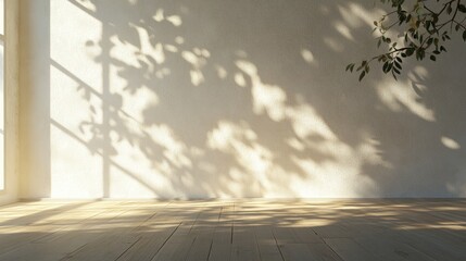 Poster - 3D rendering of a studio room background featuring a wooden floor and white plaster wall enhanced by cozy sunlight filtering through a window and casting summer leaf shadows showcasing an empty li