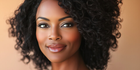 Wall Mural - Beautiful black woman on neutral beige background, skincare.	