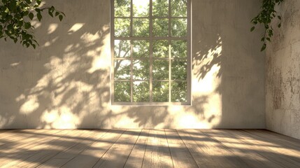 Poster - 3D rendering of a studio room background featuring a wooden floor and white plaster wall enhanced by cozy sunlight filtering through a window and casting summer leaf shadows showcasing an empty li