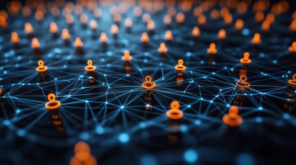 Poster - anof virtual meetings concept showcasing the technical aspect with network of digital avatars representing users in cyberspace interconnected by glowing lines.stock image