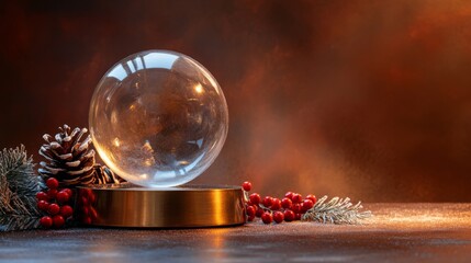 Poster - A clear glass sphere rests on a polished base, surrounded by pinecones and red berries, creating a festive atmosphere. The warm background hints at a cozy holiday setting during winter.