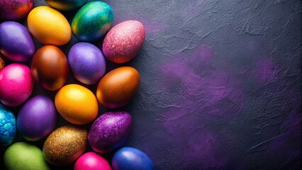 Wall Mural - A vibrant collection of colorful eggs arranged in a whimsical pattern against a textured purple backdrop, creating a festive and celebratory visual