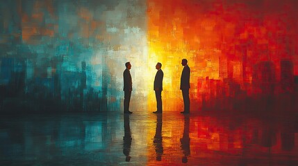 Poster - an image illustrating the concept of conflict mediation showcasing two individuals or groups with opposing views engaging in dispute with mediator facilitating communication and resolution