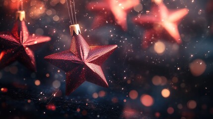 Poster - festive 3d rendering of red stars and shimmering whirlwinds of stardust on a dark bokeh background e