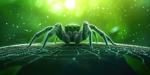 Spider resting on a web against a lush, green backdrop, Spider resting on a web with green background
