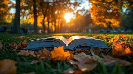 Poster - an open book on grass surrounded by autumn leaves under warm sunlight symbolizing relaxation and mindfulness in nature therapy