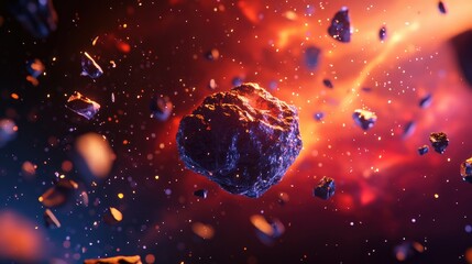 Abstract scientific background featuring a 3D cartoon rendering of an asteroid impacting a planet with a red galaxy backdrop