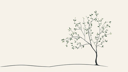 Poster - This artwork features a simple line drawing of a lone tree adorned with sparse green leaves, creating a tranquil and minimalist atmosphere in daylight, copy space