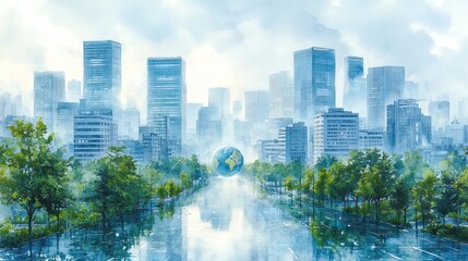 Poster - blue watercolor business buildings with lush green plants and globe symbolizing eco friendly urban development.illustration