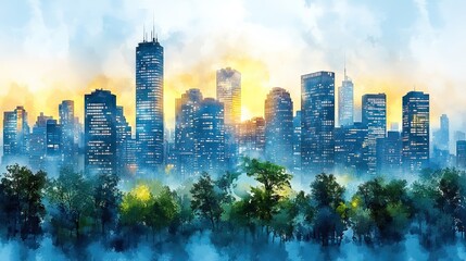 Poster - blue watercolor business buildings with lush green plants and globe symbolizing eco friendly urban development.image