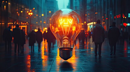 Poster - blurred corporate aesthetics with business people silhouettes and glowing light bulb symbolizing innovative business concepts and ideas.stock image