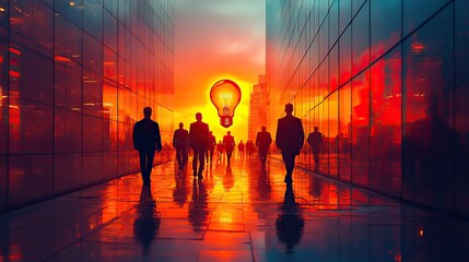 Poster - blurred corporate aesthetics with business people silhouettes and glowing light bulb symbolizing innovative business concepts and ideas