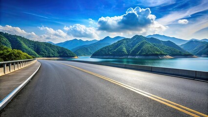 Wall Mural - Asphalt road with reservoir on a clear blue sky and mountains
