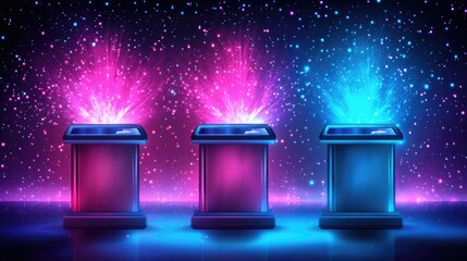 Vibrant neon digital art of three tech pedestals with cosmic glow