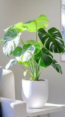 A single potted monstera plant on a sleek, white shelf in a bright, sunlit living room with modern decor. 