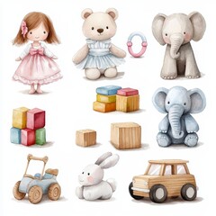 Wall Mural - Charming Watercolor Set of Assorted Baby Toys and Plush Dolls for Nursery Decor and Child s Play