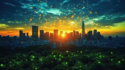 Poster - city sustainability report highlighting co2 reduction and alternative electricity usage initiatives.illustration
