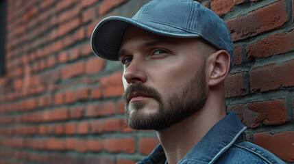 Close-up portrait of a young man with a beard wearing a blue denim cap and jacket against a brick wall background