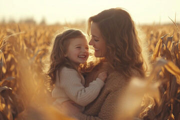 A mother and daughter share a warm embrace and laughter in a field of golden corn stalks during a sunny autumn day