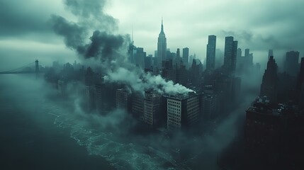 Poster - cityscape with fake news text on dark cloud symbolizing medi manipulation.image