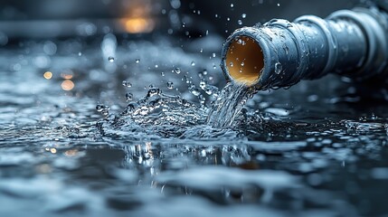 Poster - close up of damaged household plastic water pipe with water splashing out highlighting the urgency of plumbing repairs and water conservation.image