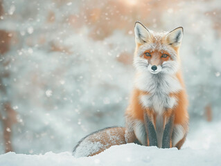 Sticker - A Sitting Fox in a Winter Wonderland: Frosty Pastels Create Serene Beauty