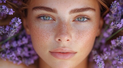 Poster - close up of serene woman surrounded by lavender flowers symbolizing the interaction between skin health and mental wellbeing concept of psychodermatology and neurocosmetics.stock image