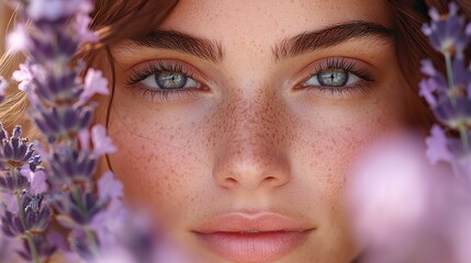 Poster - close up of serene woman surrounded by lavender flowers symbolizing the interaction between skin health and mental wellbeing concept of psychodermatology and neurocosmetics
