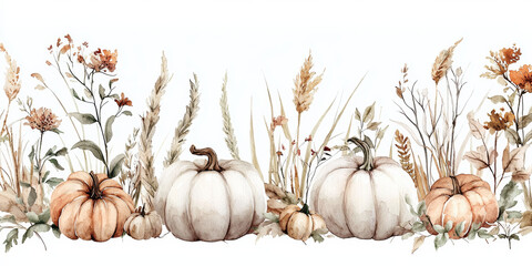 Wall Mural - Watercolor painting of beautiful autumn flowers, pumpkins, and grasses in light beige colors, generative AI